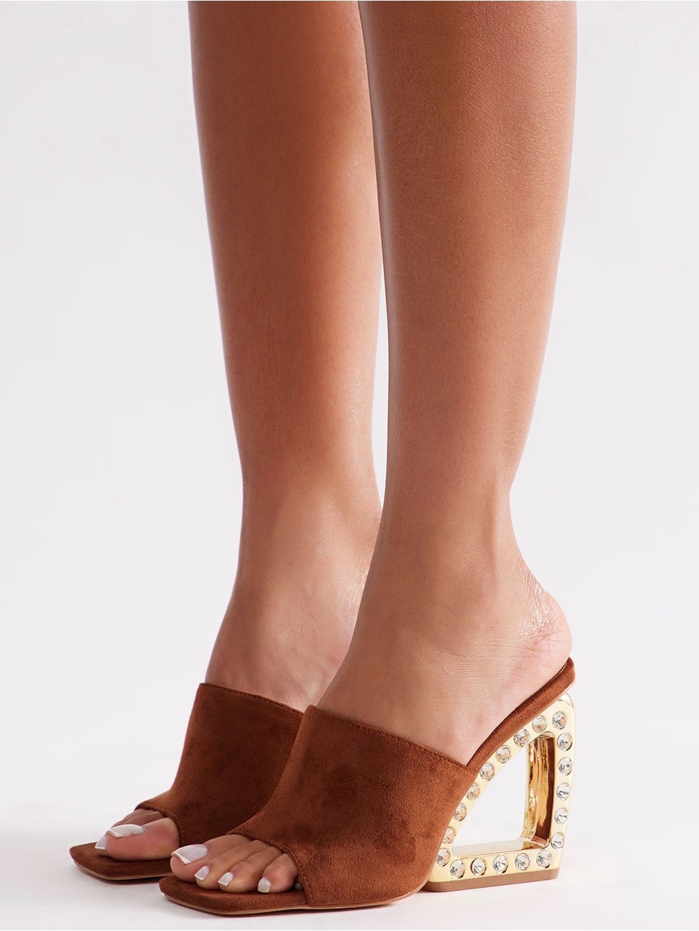 Suede Open-Toe Mule with Crystal-Embellished Gold Heel - Brown